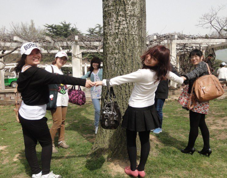 Five people holding hands around a tree in a park.