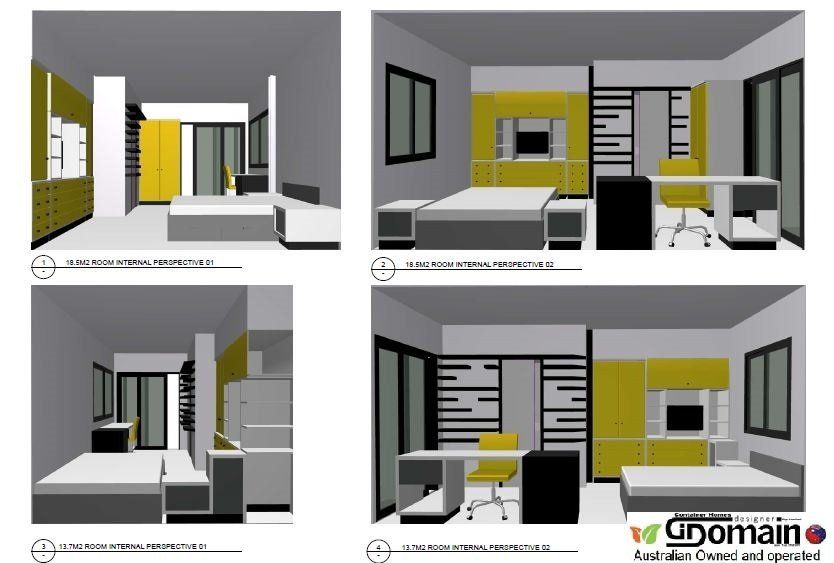 Four perspective drawings of a bedroom interior with yellow and gray walls and furniture.