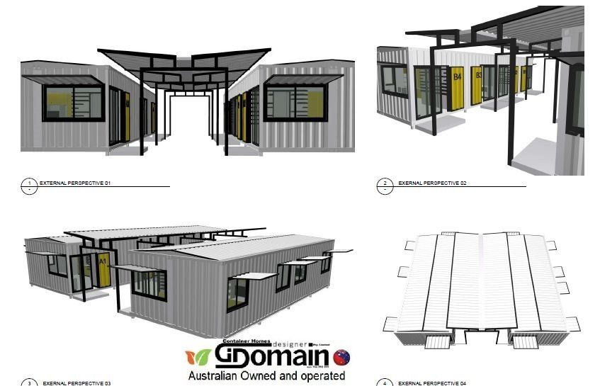 Architectural renderings of modular buildings made from shipping containers, with shaded walkways.