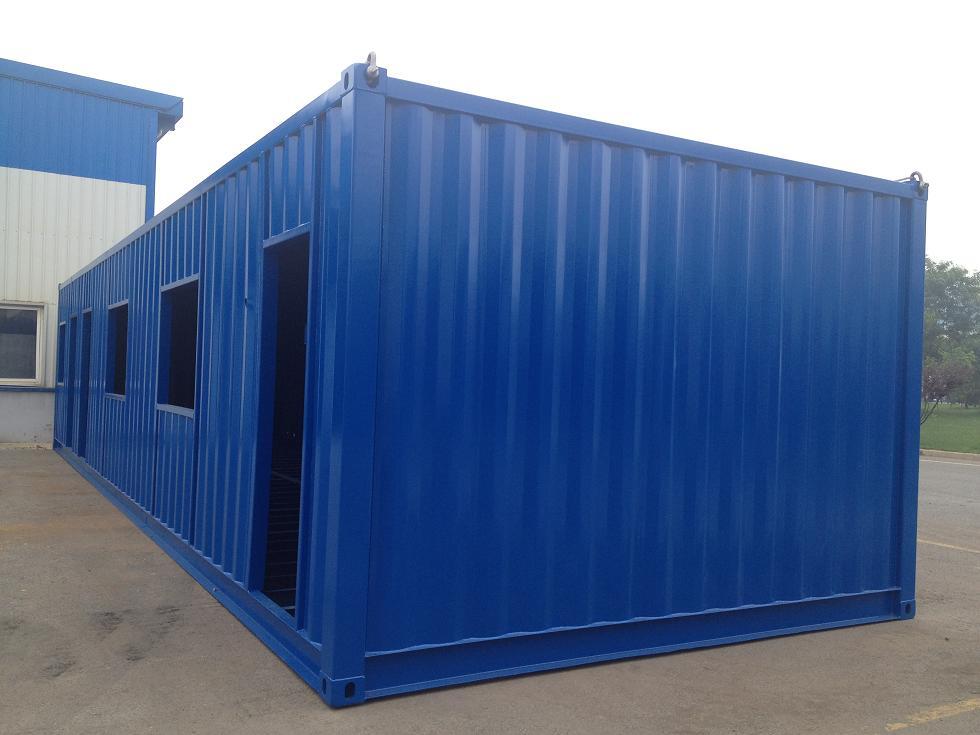 Blue shipping container with door and window frames.