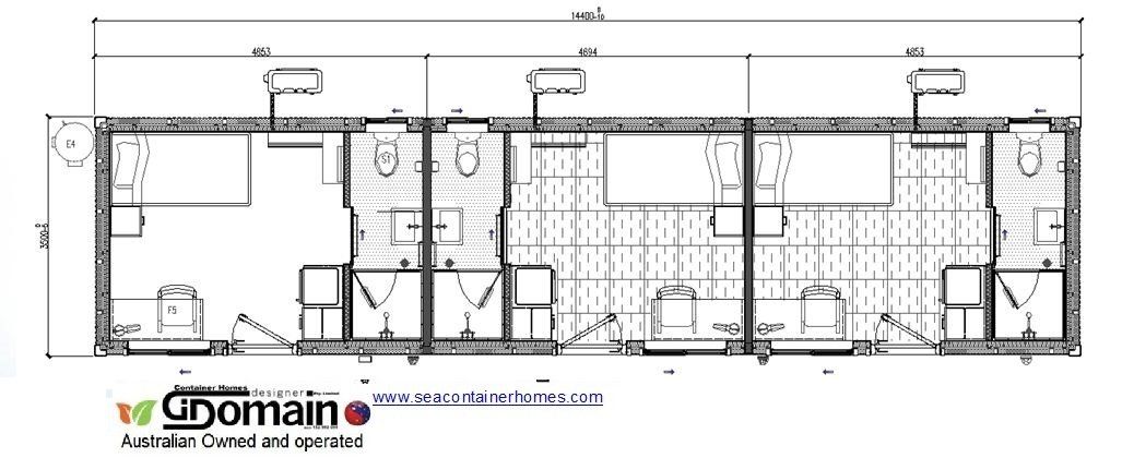 Floor plan of a long, narrow building with four separate units, each with a bedroom and bathroom.