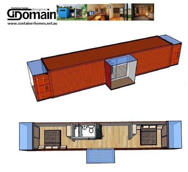 Diagram of a house made from repurposed shipping containers, orange and blue exterior, interior layout shown below.