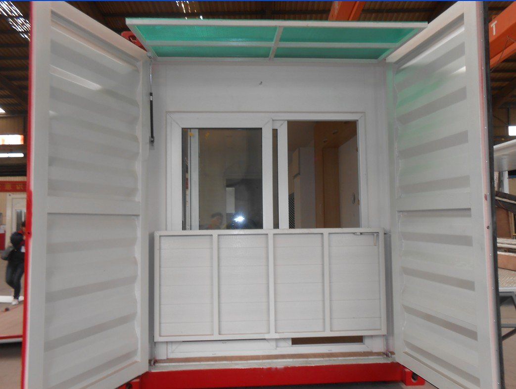 White container with doors open, revealing window and interior, red base.