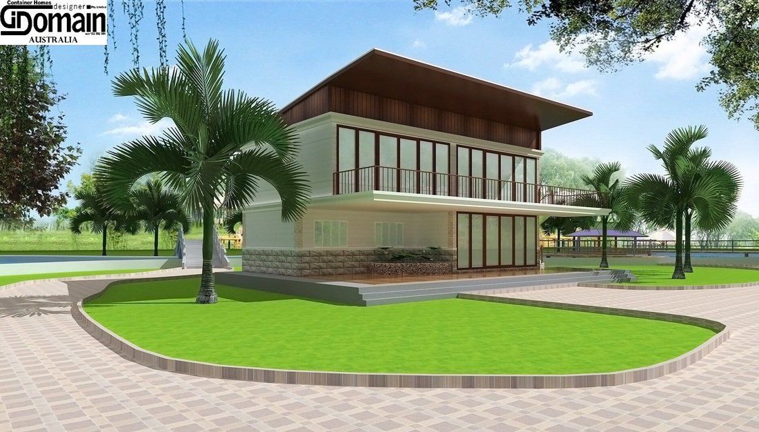 Modern two-story house with glass walls and a brown roof, surrounded by green grass and palm trees.