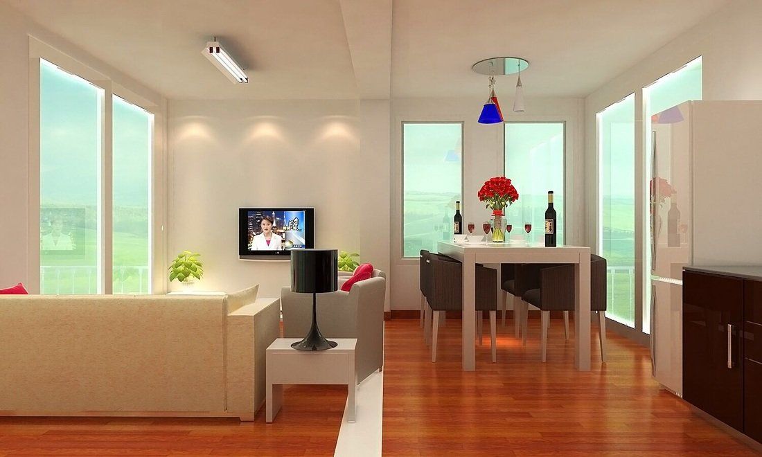 Modern living room and dining area with hardwood floors, sofa, table, and large windows.