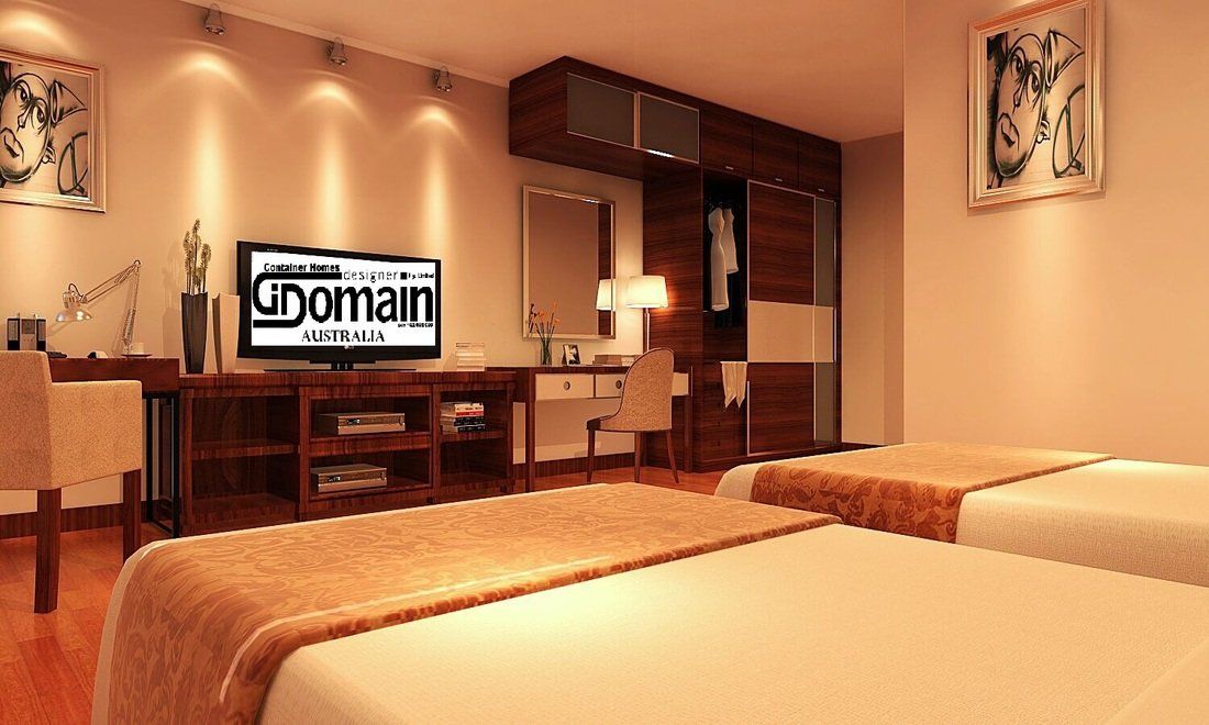 Hotel room with two beds, desk, TV, and closet, with warm lighting.
