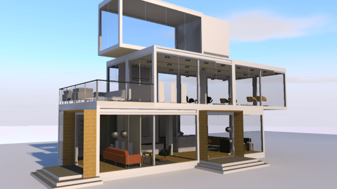 Modern, multi-level house with large glass windows and stacked rectangular sections, outdoors, sunny day.