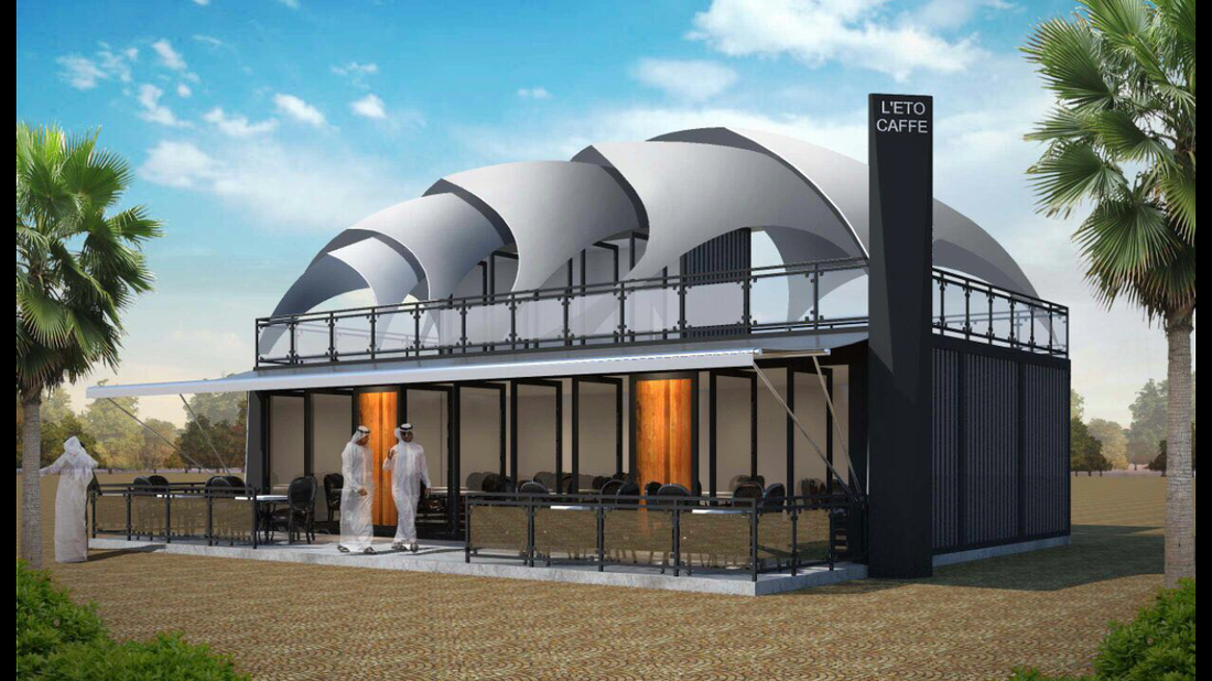 Modern building with tiered white canopies, black frame, glass walls, and a tall black chimney. Two people stand inside.