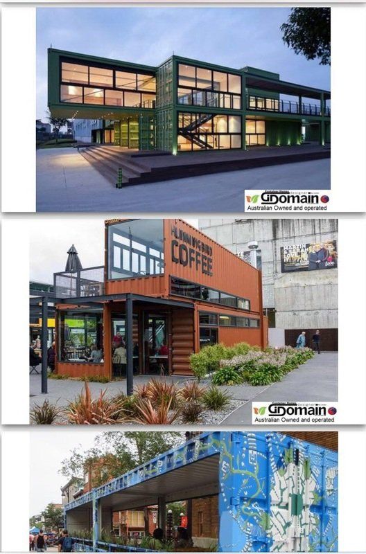 Three buildings made from shipping containers: a two-story office with glass walls, a coffee shop, and a building with a map-covered container.