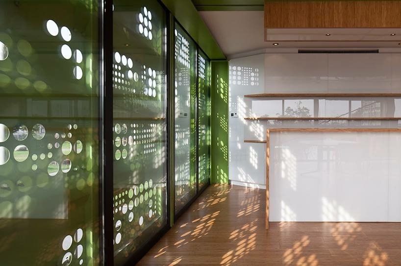 Interior with perforated green panel, glass wall, and wooden floor. Sunlight casts patterned shadows.
