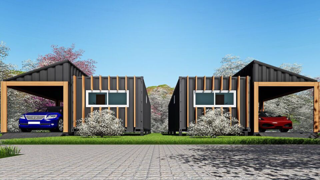 Two modern homes with carports, parked cars, and a blue sky.