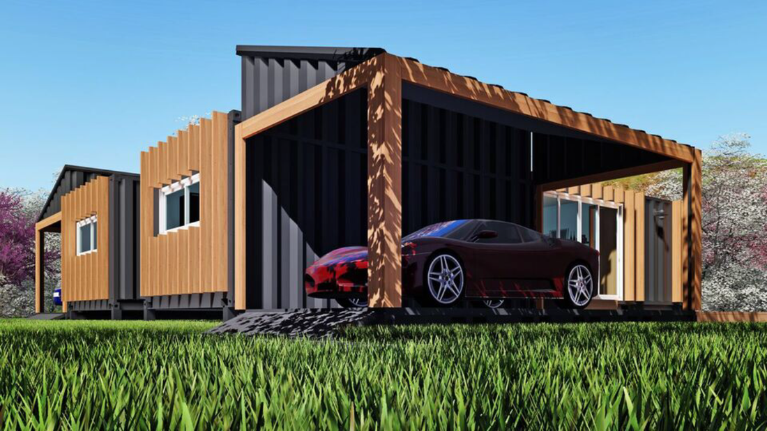 Modern home made from shipping containers with a car parked under a pergola.