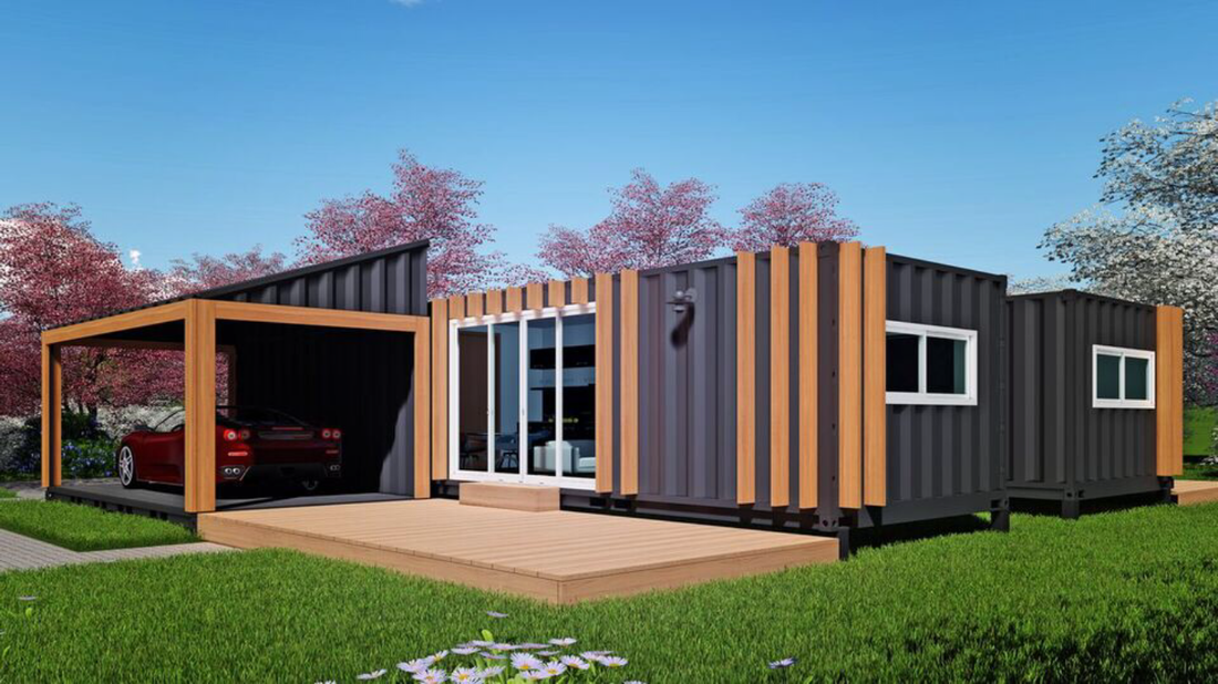 Modern home built from shipping containers with a carport, deck, and car.