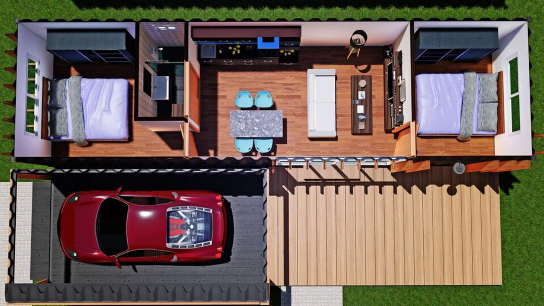 Overhead view of a modern home built with shipping containers; includes a red car, two bedrooms, kitchen, and living area.