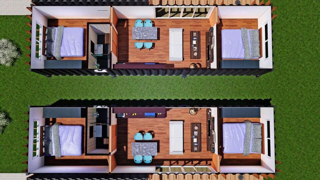 Overhead view of two shipping container homes. Each has two bedrooms, a kitchen/living area, and wooden flooring.