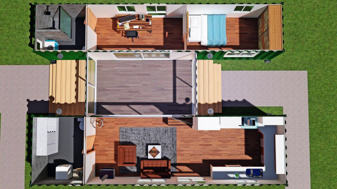 Overhead view of a house made of shipping containers. Interior includes bedroom, kitchen, living room, and office.