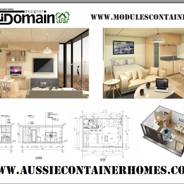 Two interior design renderings and architectural plans for container homes.