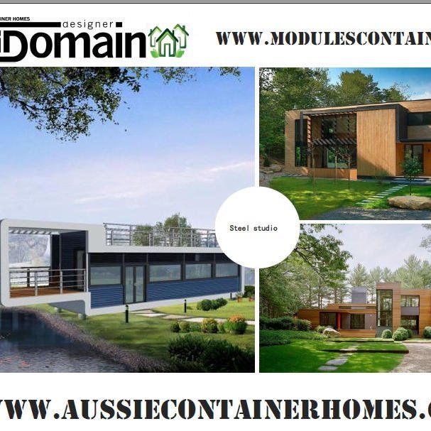 Modular container homes in various designs, featuring modern architecture in green settings.