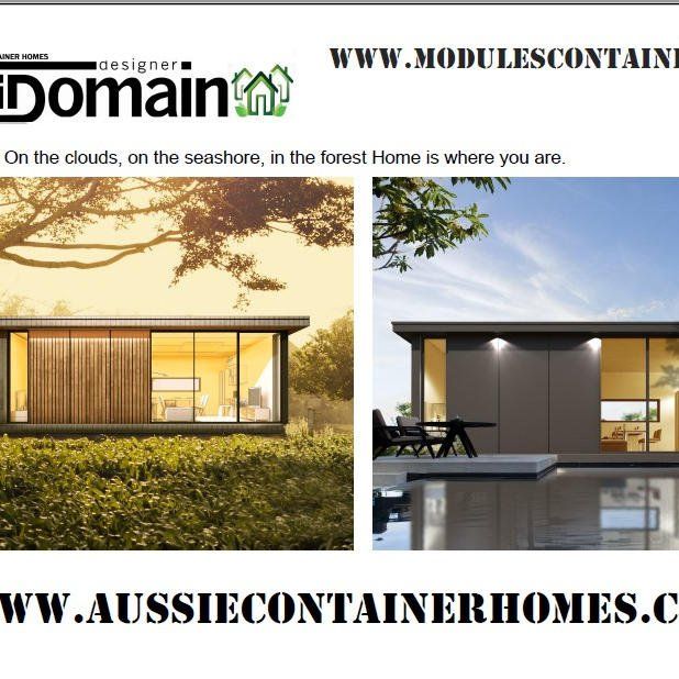 Advertisement for container homes: two modern modular homes in scenic settings.