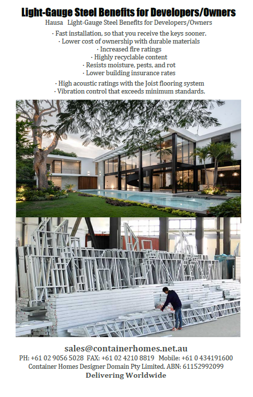 Advertisement for light-gauge steel: a modern house and a worker assembling steel frames.