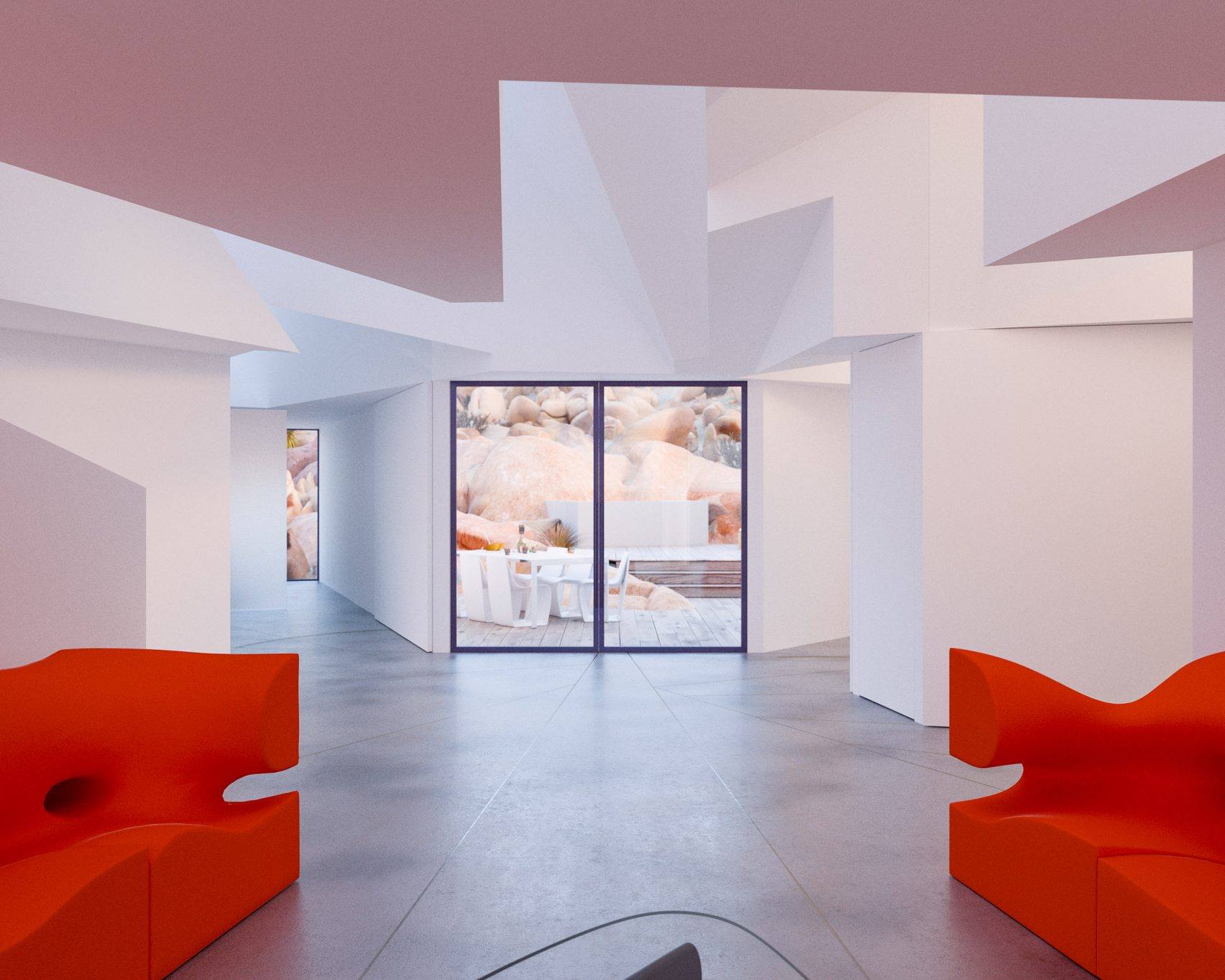 Modern, white interior with orange sofas, a large window, and landscape art.