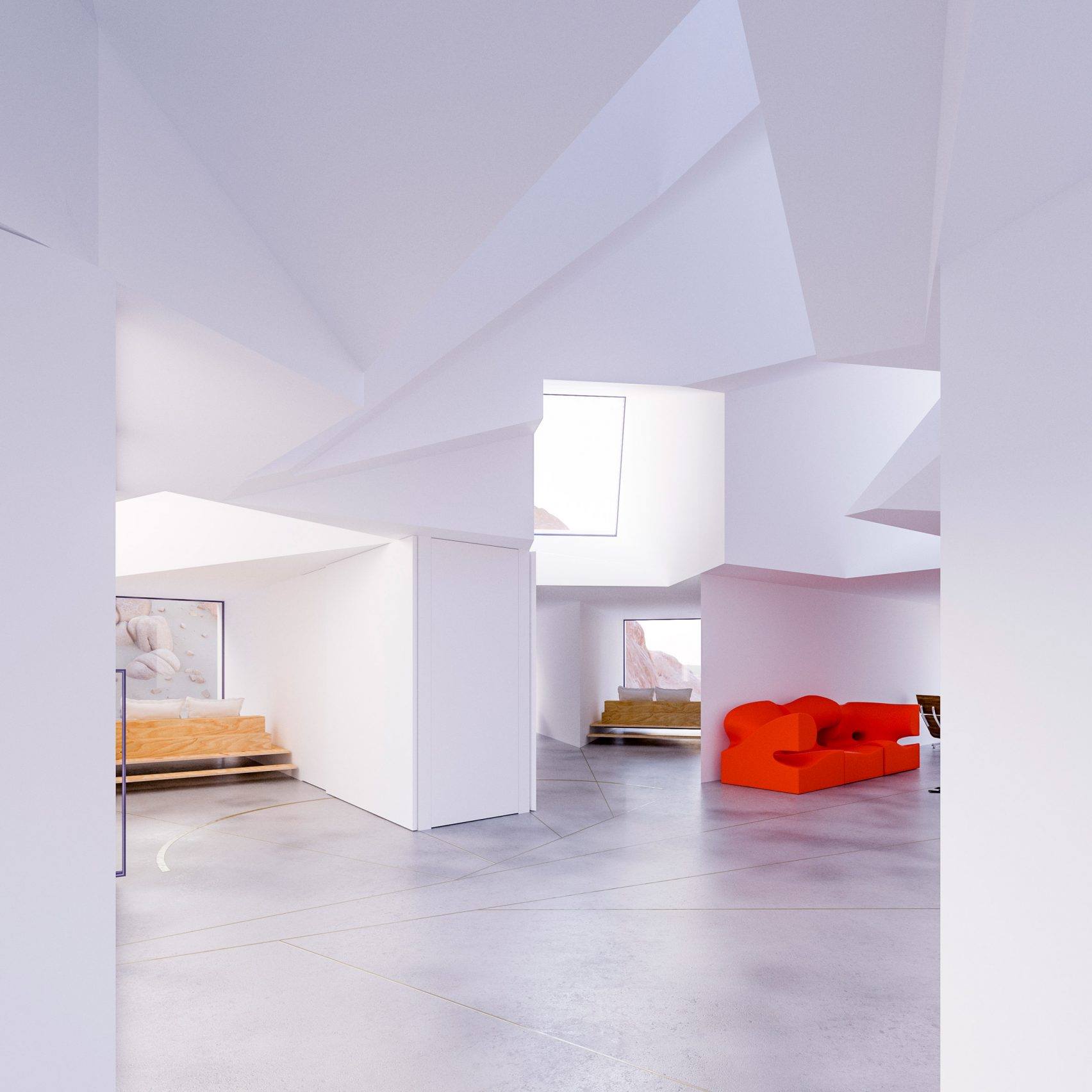 Modern, minimalist interior with white walls, concrete floor, and bright orange sofa.