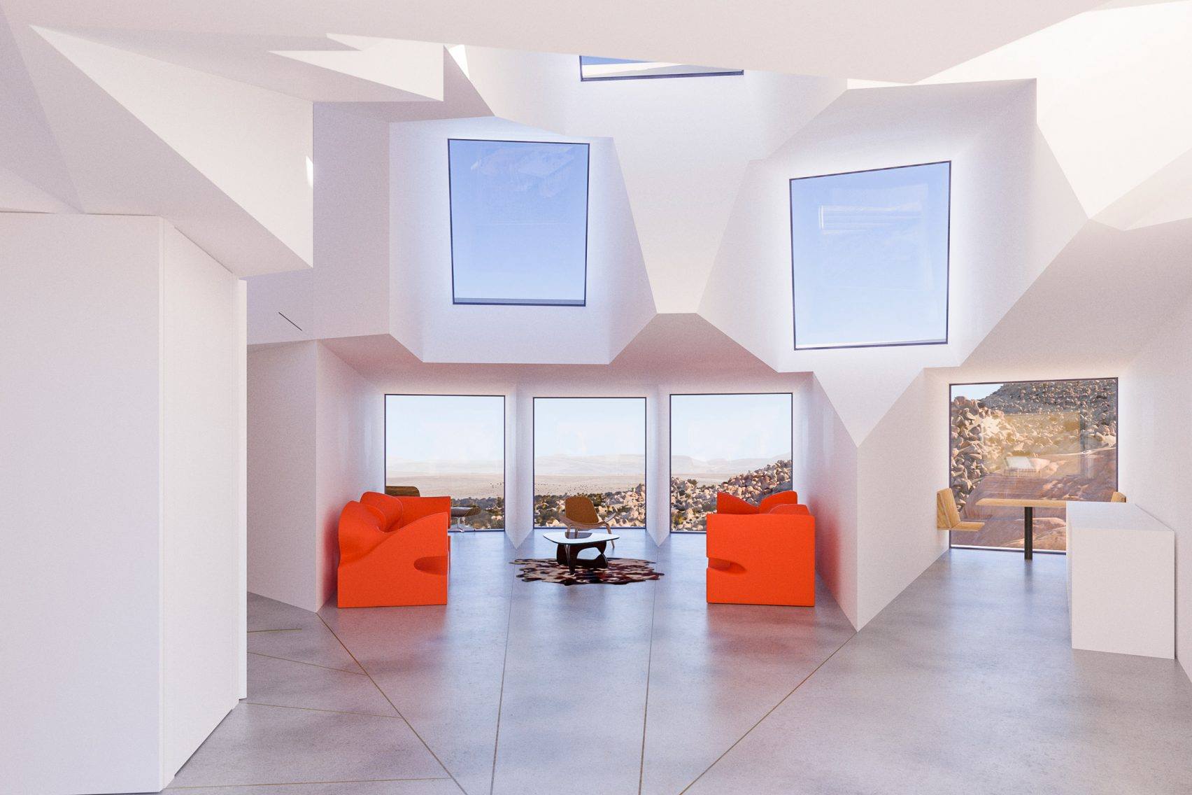 Bright white modern interior with orange chairs, large windows, and geometric walls.