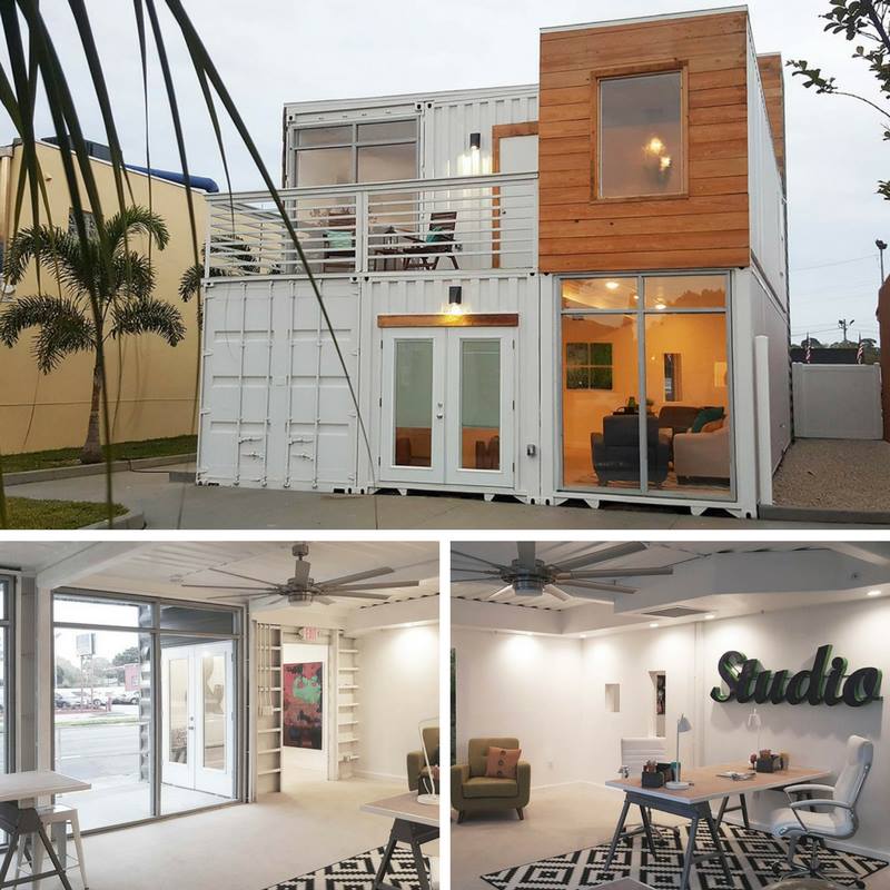 Shipping container home with a balcony, large windows, and an office space.
