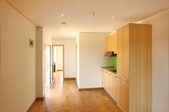 Wooden-floored interior hallway with kitchen cabinets on the right side.