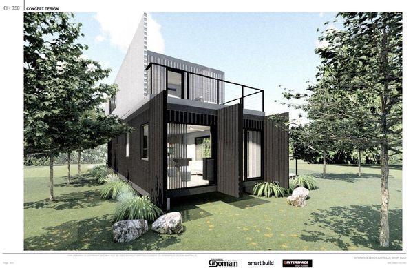 Architectural rendering of a modern, two-story house with dark siding and a balcony, set in a grassy area with trees.