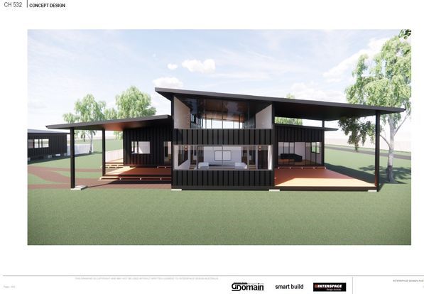 Architectural rendering of a modern house built with shipping containers, featuring a sloped roof and large windows.