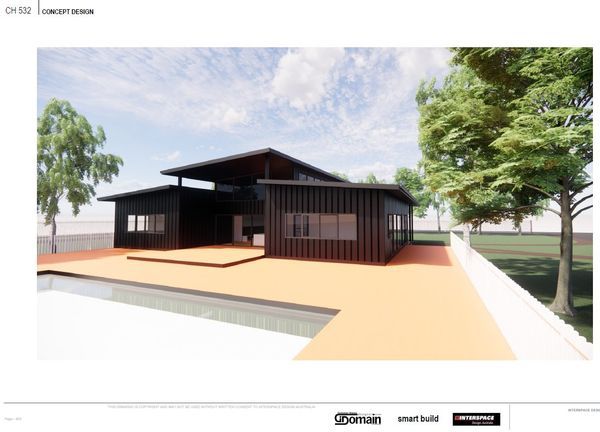 Conceptual design of a modern black house with rectangular shapes, large windows, and an outdoor patio, next to a pool.