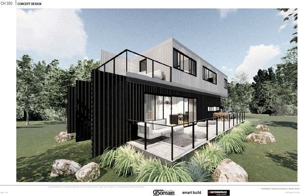 Modern two-story house with black siding, wooden panels, and a deck. Green lawn with trees and rocks.