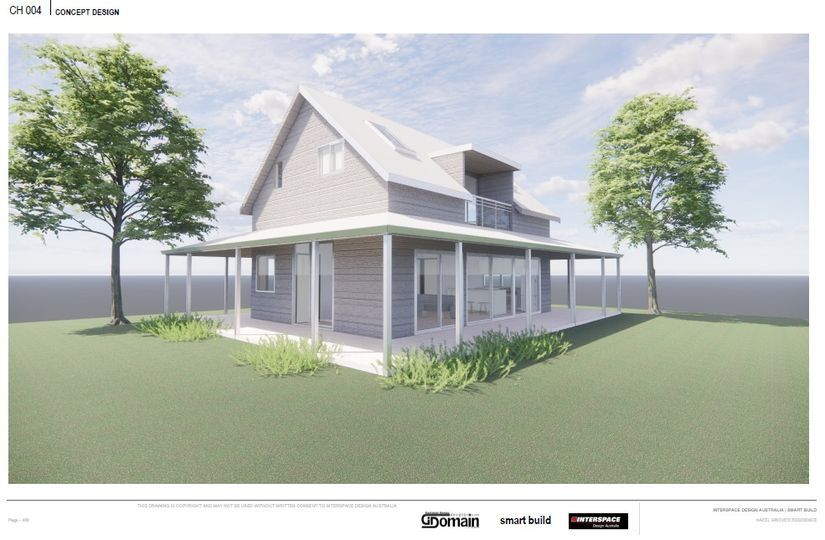 A two-story house with a porch. Gray siding, a light roof, and two trees on a green lawn.