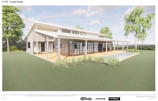 Modern single-story house with a pool, glass doors, and a long covered porch, set on a grassy lawn under a blue sky.