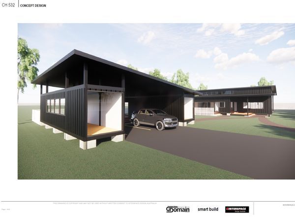 Modern house rendering with black exterior, carport, and driveway on a grassy lot.