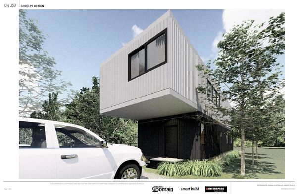 Modern two-story house with cantilevered upper level, white exterior, black base, car parked in front.