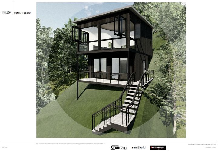 Modern black two-story cabin on a hillside with exterior stairs, glass windows, and a black railing.
