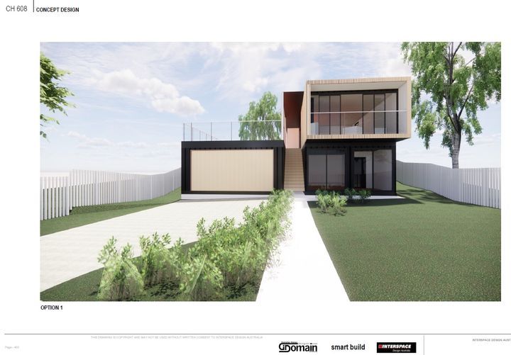 Modern two-story house with a flat roof and large windows, surrounded by a lawn and white picket fence.