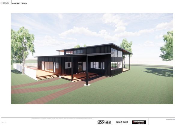 Black modern house with deck and porch, surrounded by greenery.