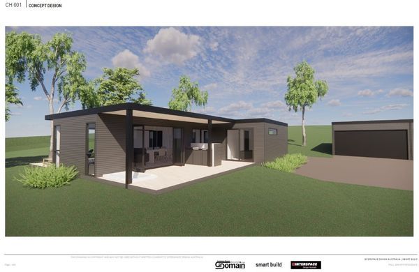Modern home design rendering with a covered patio, garage, and landscaping.