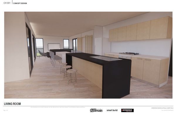 Modern kitchen with light wood cabinets, black countertops, and a central island.
