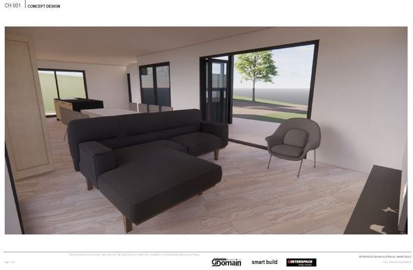 Modern living room rendering with dark gray sofa, chair, and large glass doors leading outside.