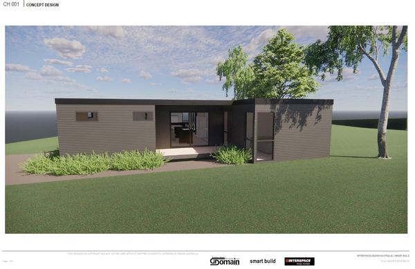 Rendering of a modern one-story home with dark siding, glass door, and landscaping, set on a green lawn.