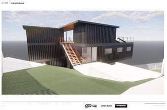 Black container home on a hillside with wooden stairs and deck; cloudy sky.