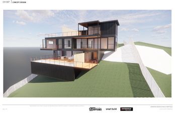 Architectural rendering of a modern house built with stacked shipping containers on a hillside overlooking water.