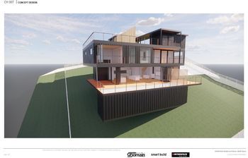 Conceptual rendering of a modern house built with shipping containers, featuring multiple levels and a rooftop deck on a hillside.