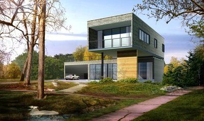 Modern two-story house with cantilevered upper level, carport, and large windows set in a wooded area.