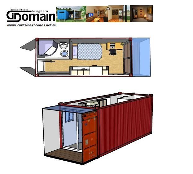 Diagram of a container home layout with a bedroom, bathroom, and kitchen. Red exterior, top-down view.
