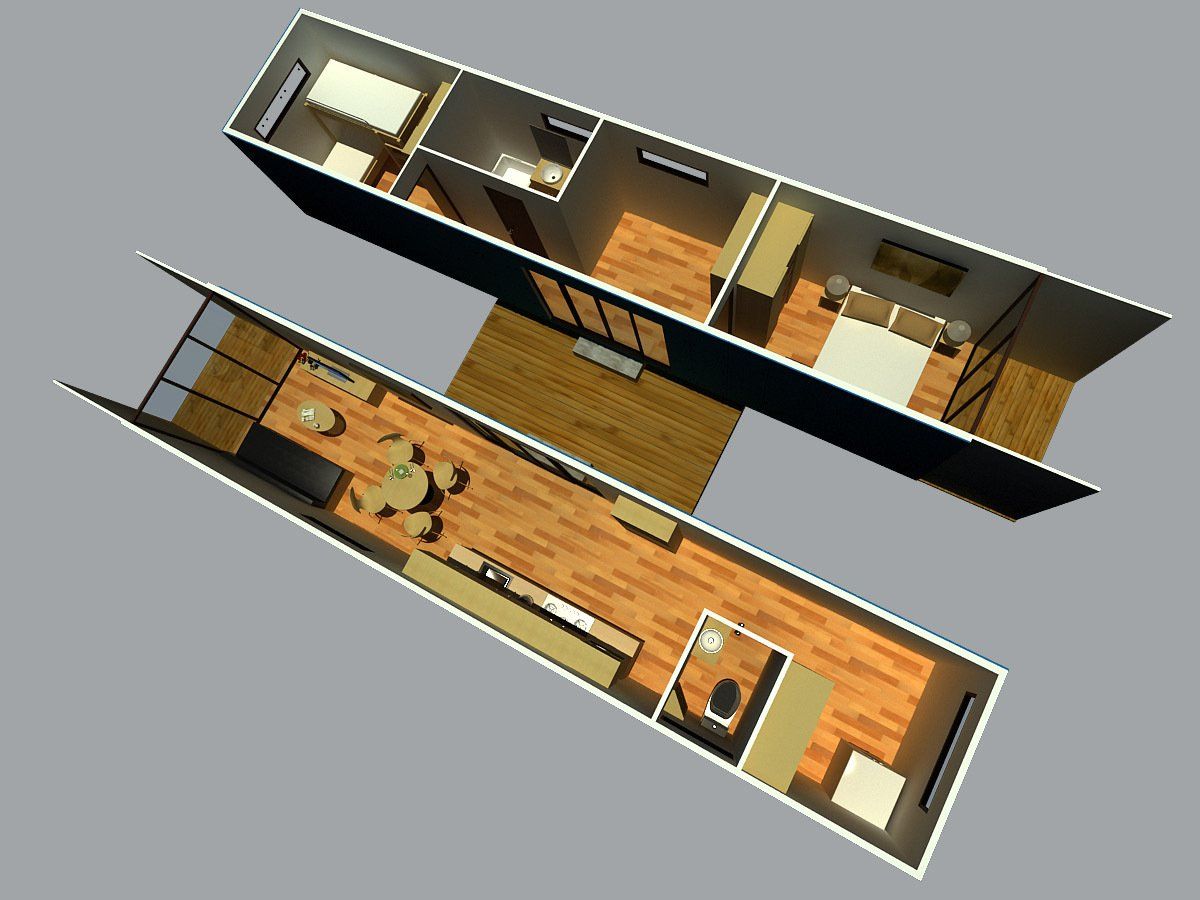 3D rendering of a modern home layout, showing living and bedroom areas connected by a deck. Brown floors, beige furniture.